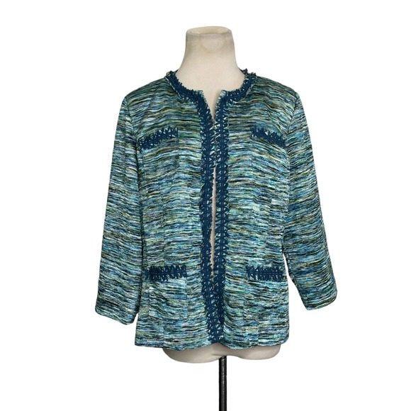Chico's Green Tweet Open Front Pockets Lined Fringe Trim Blazer Jacket size 1- M - Picture 1 of 9